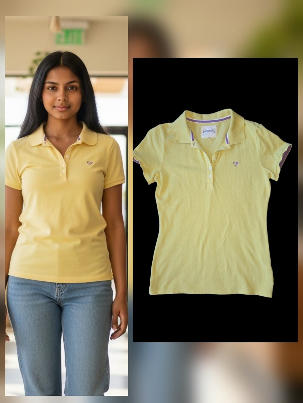 JOHNNIE B MINI BODEN Girls Polo Shirt Size 11-12 L Yellow Purple Puppy Dog Logo